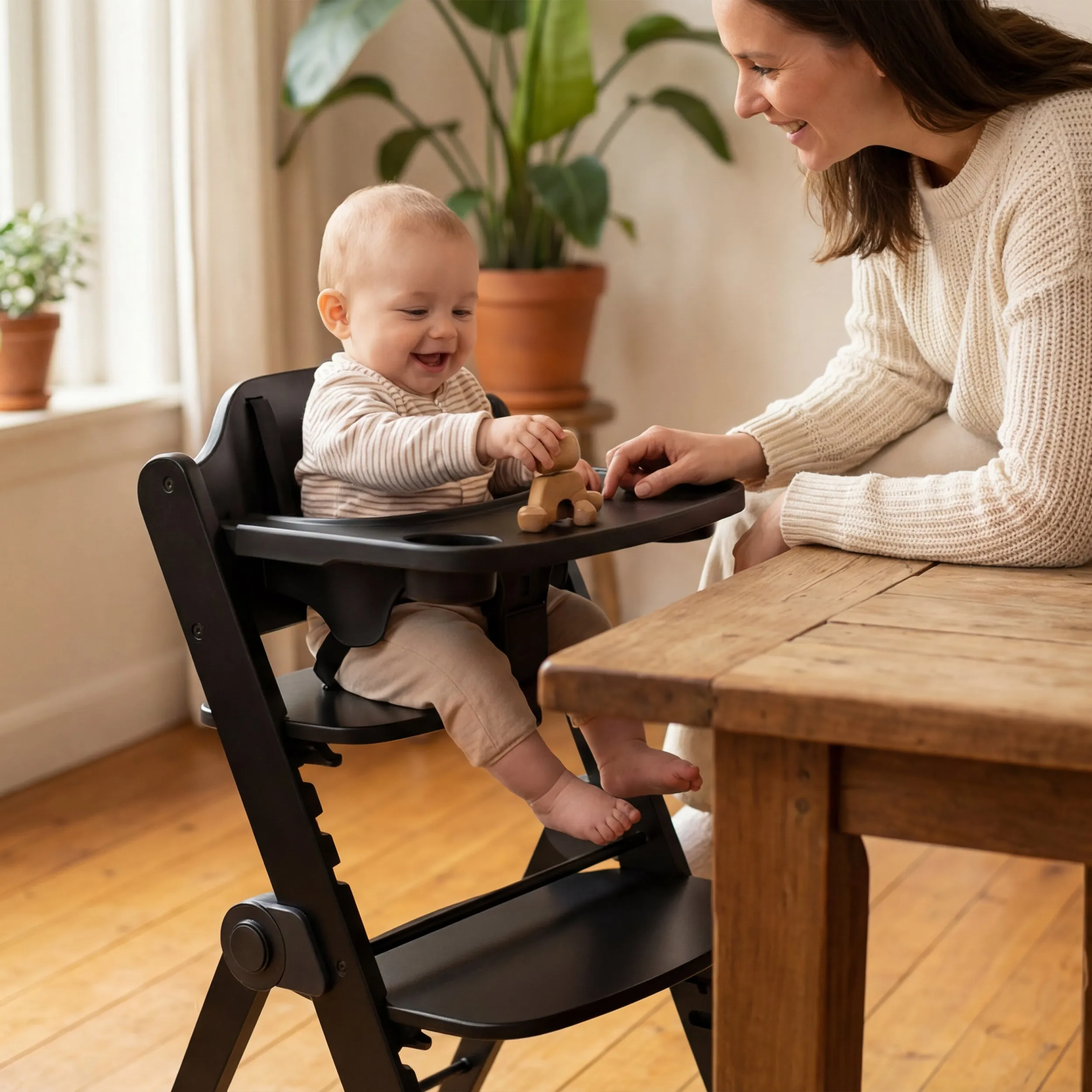 Odin Luxury Wooden Growing Chair High Chair with Bouncer - Zawiera tacę do jedzenia - Regulowane krzesełko do karmienia - Czarne - Image 2